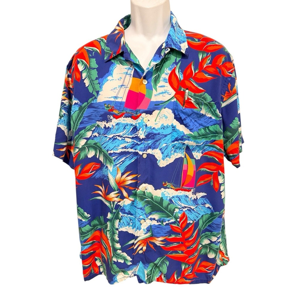 Polo Ralph Lauren Men Camp Shirt L Blue Hawaiian Tropical Sailboat Beach